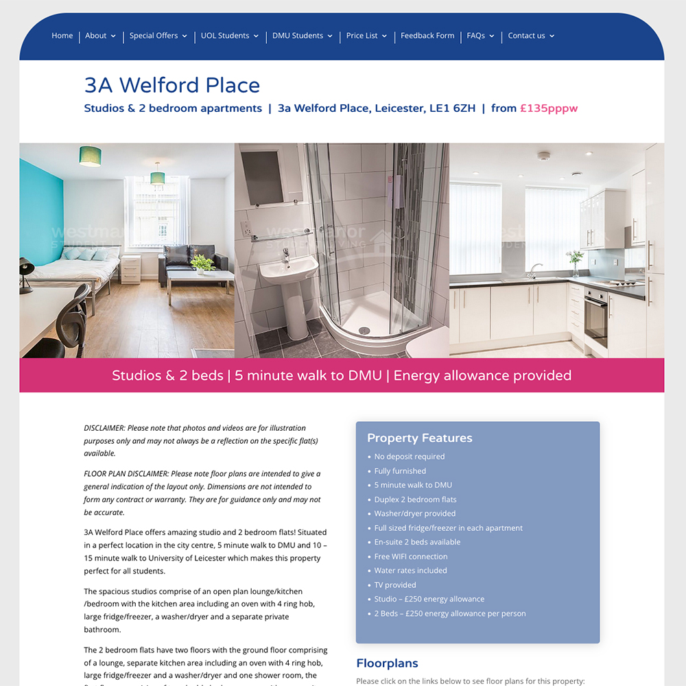 Westmanor Student Properties website accommodation page designed and hosted by Hyphen