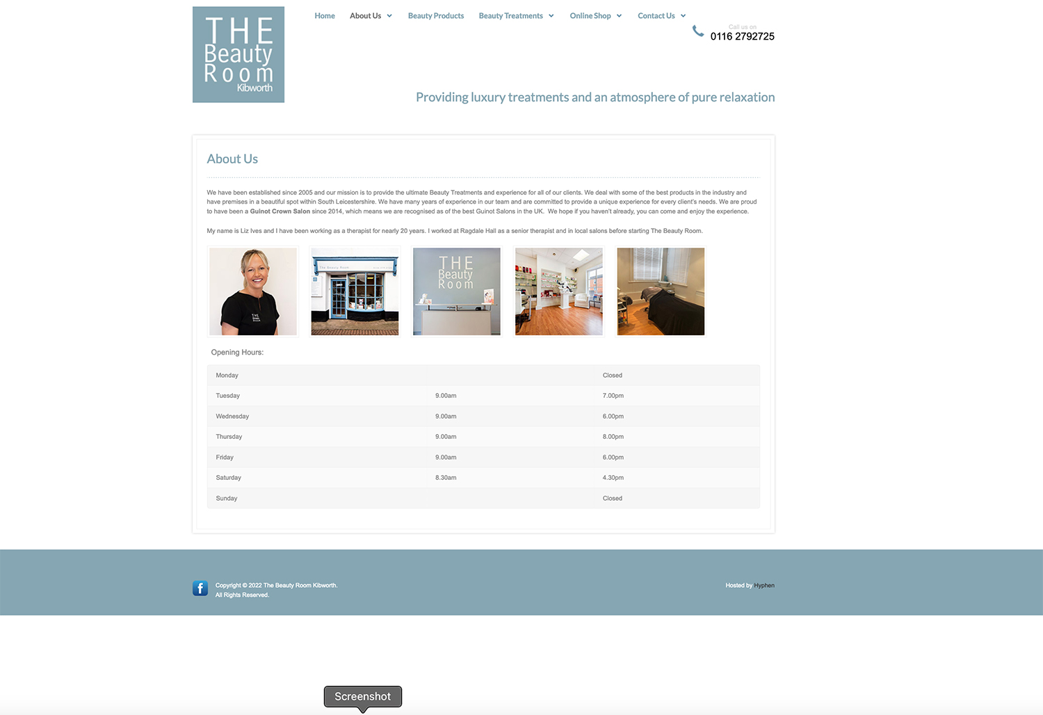 The Beauty Room New website about us page, designed, built and hosted by Hyphen