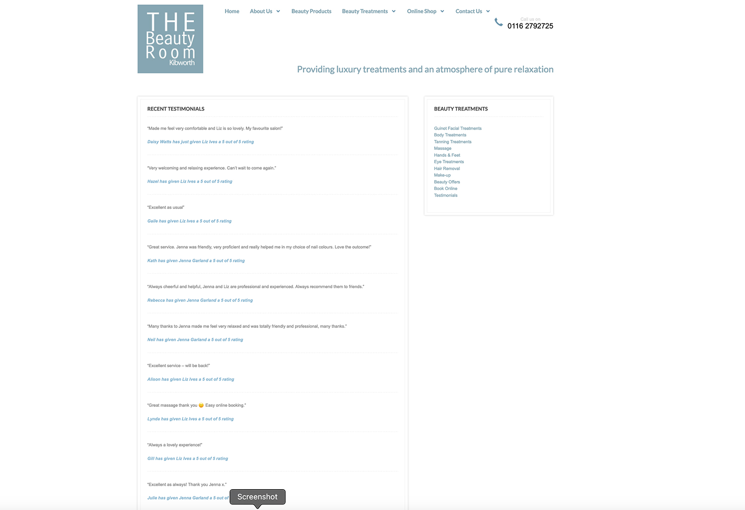 The Beauty Room New website testimonials page, designed, built and hosted by Hyphen